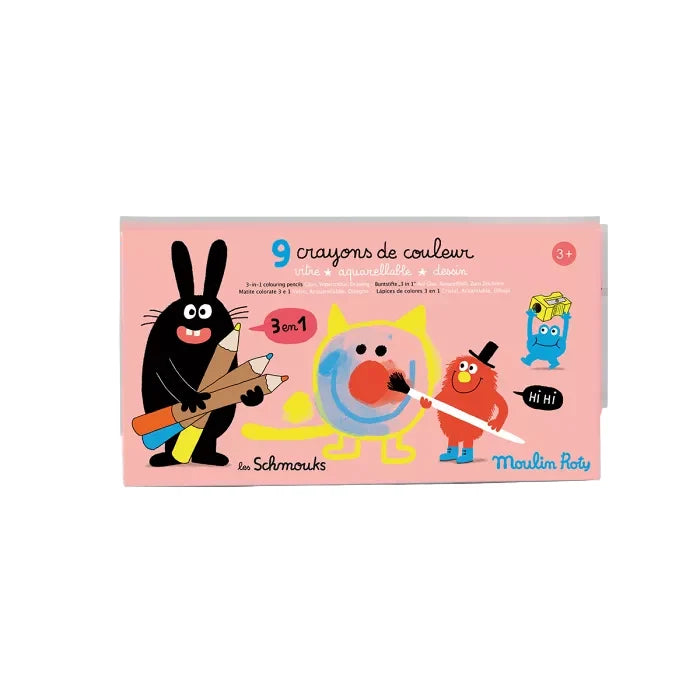 Moulin Roty Schmouks 3-in-1 Colouring Pencils – Set of 9 with Brush & Sharpener NEW ARRIVAL