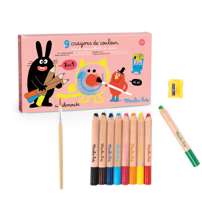 Moulin Roty Schmouks 3-in-1 Colouring Pencils – Set of 9 with Brush & Sharpener NEW ARRIVAL