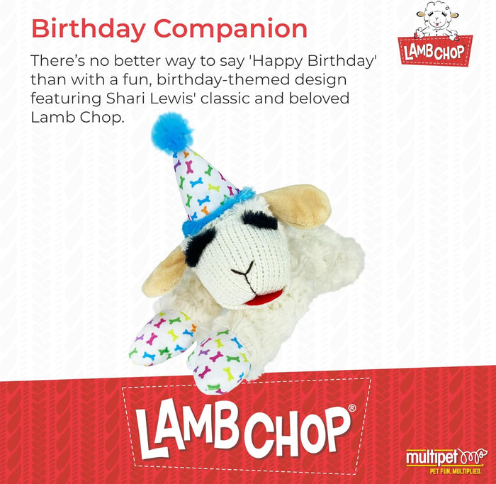 Multipet Lamb Chop with Birthday Hat Dog Toy, Blue 10.5" Interactive Fun