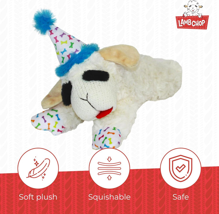 Multipet Lamb Chop with Birthday Hat Dog Toy, Blue 10.5" Interactive Fun