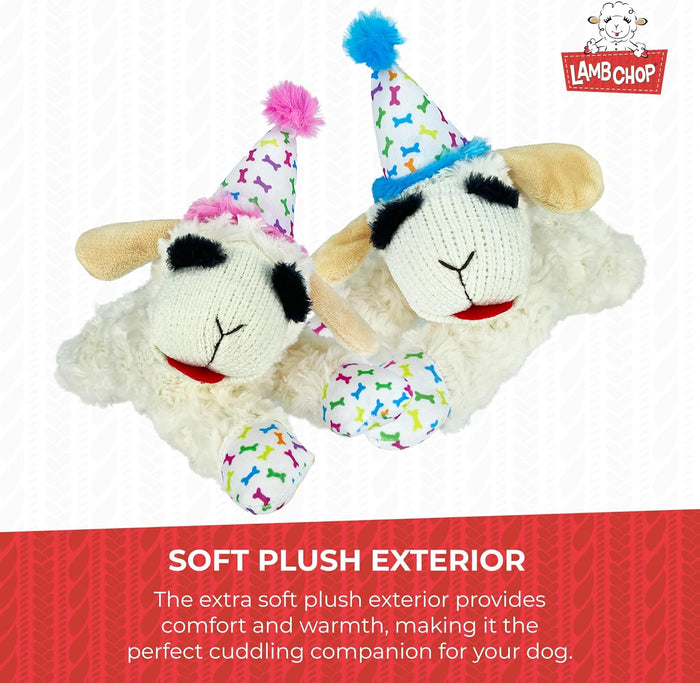 Multipet Lamb Chop with Birthday Hat Dog Toy, Blue 10.5" Interactive Fun