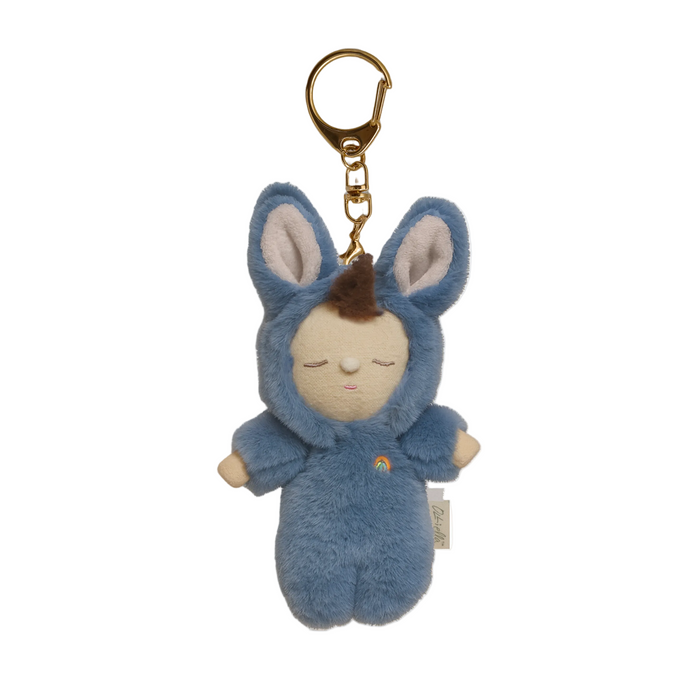 Olli Ella Bag Charm Blue plush keychain with a sleeping baby in bunny costume on a white background