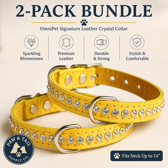OmniPet Leather Crystal Dog Collar Rhinestone USA Made Yellow 14" 2-Pack