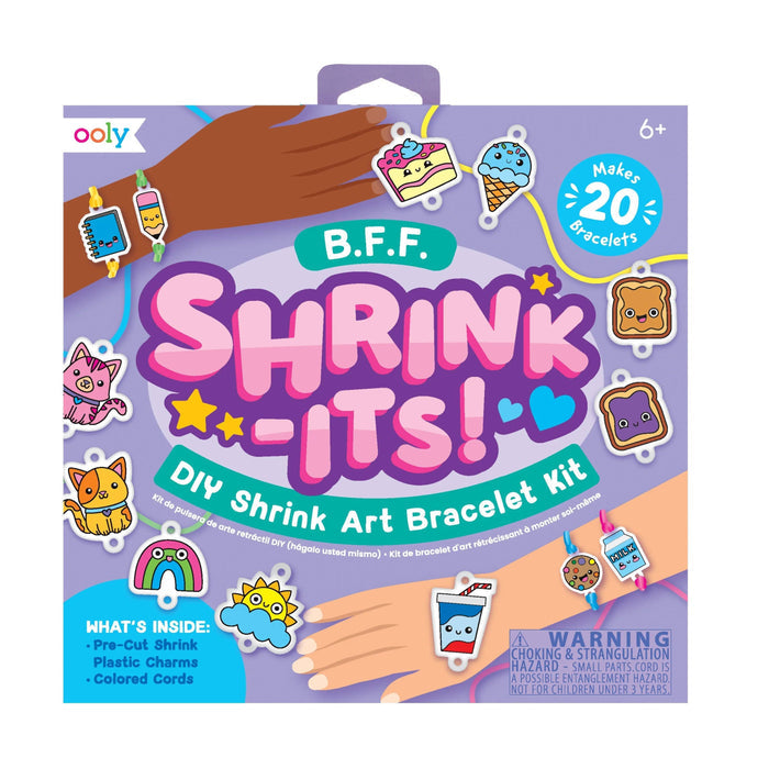 Shrink-it bracelet kit packaging with colorful shrink art designs on a purple background
