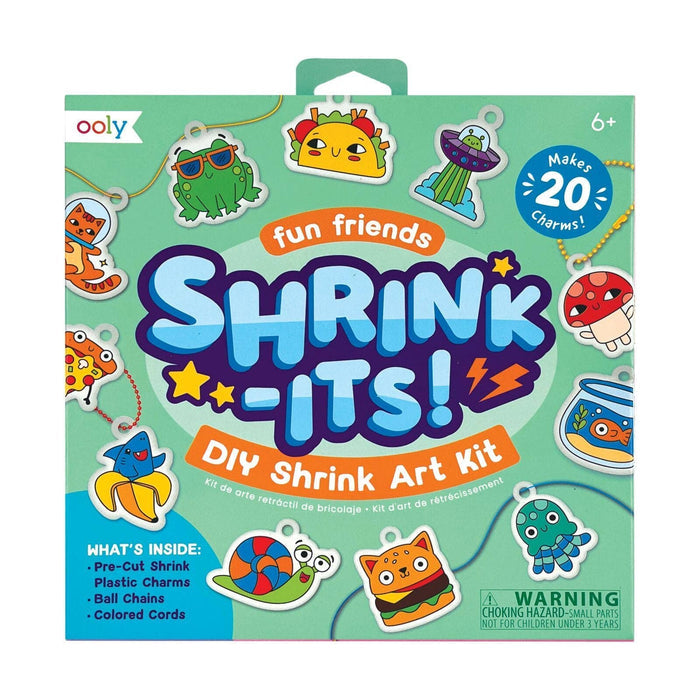 Ooly Fun Friends Shrink-Its DIY Shrink Art Kit packaging with colorful shrink art charms on a green background.