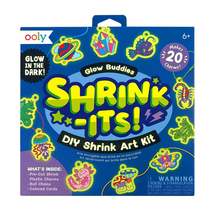 Shrink-Its DIY Shrink Art Kit packaging with colorful designs and text on a blue background.
