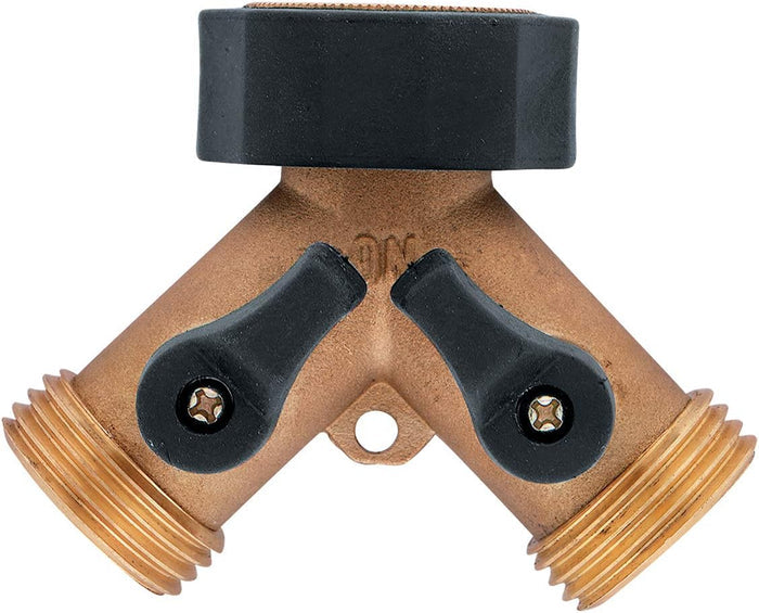 Orbit Brass Garden Hose Y Connector with Shut-Off Dual-Outlet Faucet Watering