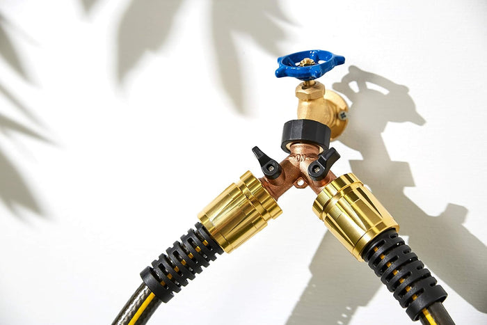 Orbit Brass Garden Hose Y Connector with Shut-Off Dual-Outlet Faucet Watering