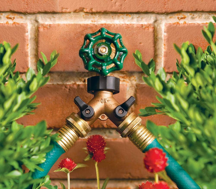 Orbit Brass Garden Hose Y Connector with Shut-Off Dual-Outlet Faucet Watering