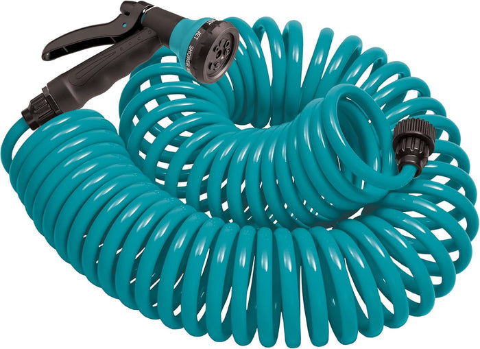Orbit Coiled Garden Hose w/ 6 Pattern Spray Nozzle Brass Connections 50 ft Blue