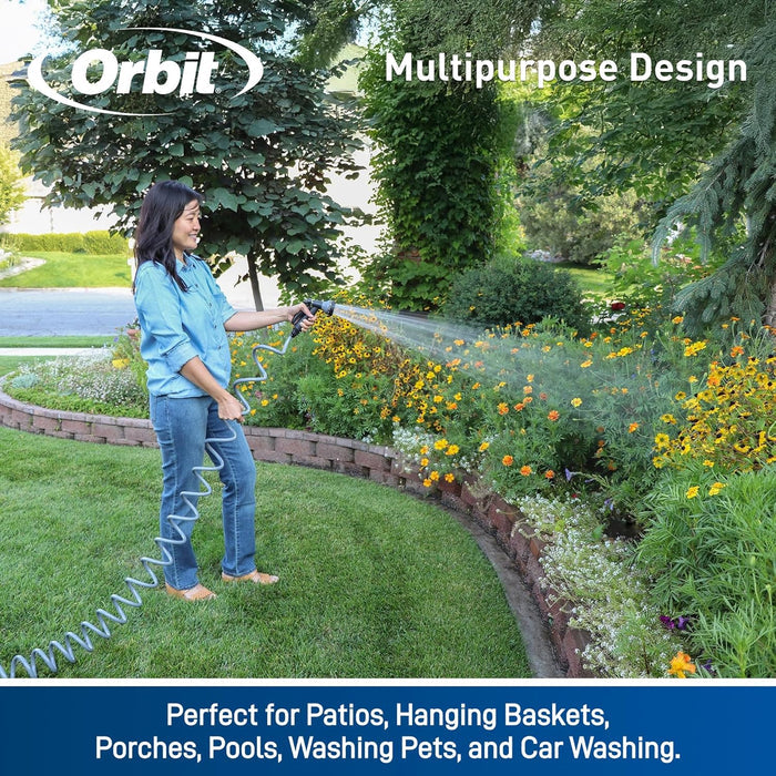 Orbit Coiled Garden Hose w/ 6 Pattern Spray Nozzle Brass Connections 50 ft Blue