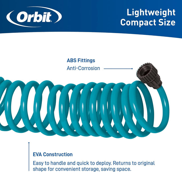 Orbit Coiled Garden Hose w/ 6 Pattern Spray Nozzle Brass Connections 50 ft Blue