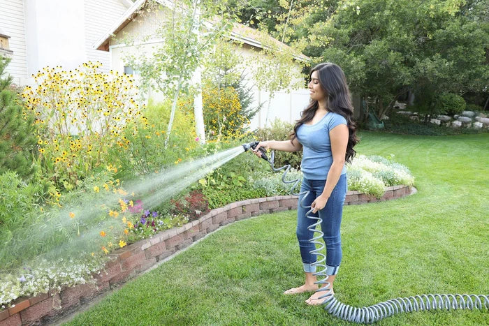 Orbit Coiled Garden Hose w/ 6 Pattern Spray Nozzle Brass Connections 50 ft Blue
