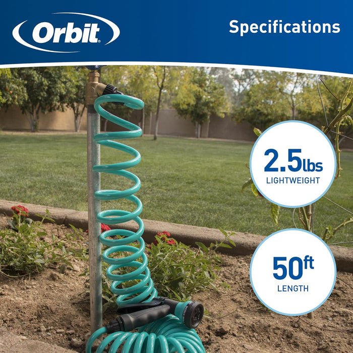 Orbit Coiled Garden Hose w/ 6 Pattern Spray Nozzle Brass Connections 50 ft Blue