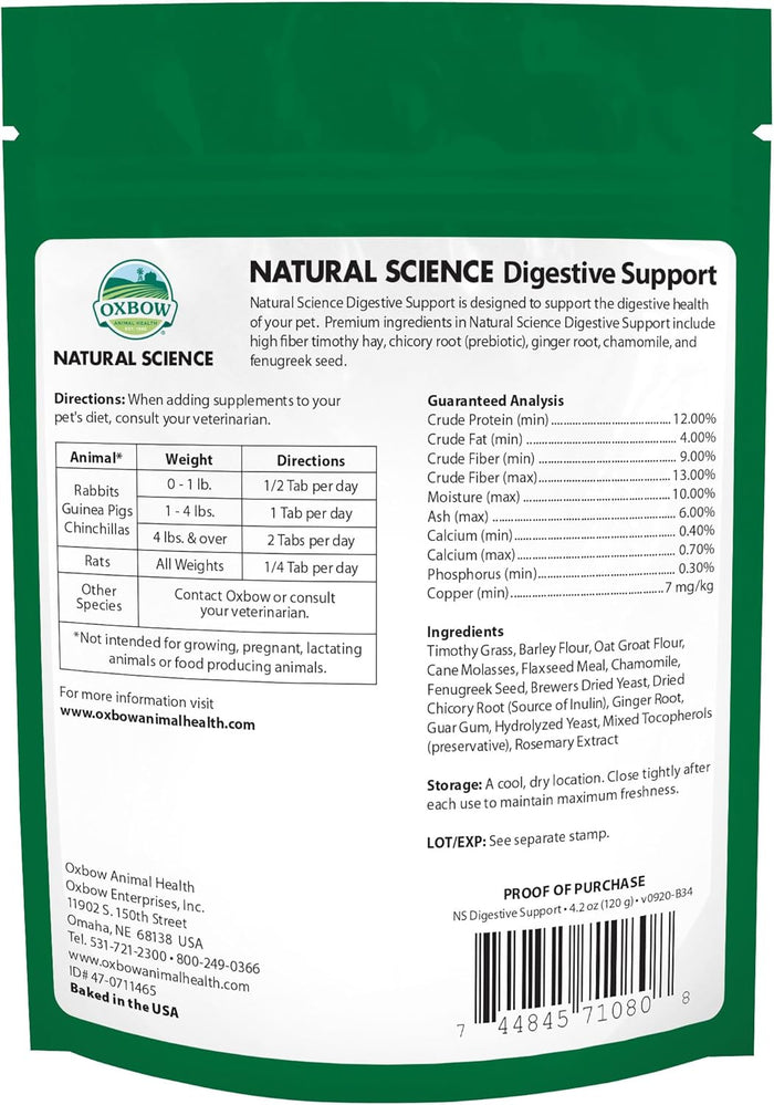 Oxbow Natural Science Digestive Support 60ct Small Pet Supplement Timothy Hay
