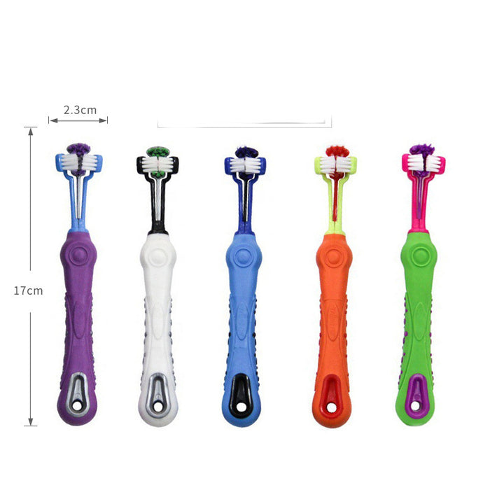 Pet toothbrush size guide showing 17 cm overall length and 2.3 cm head width in five colours