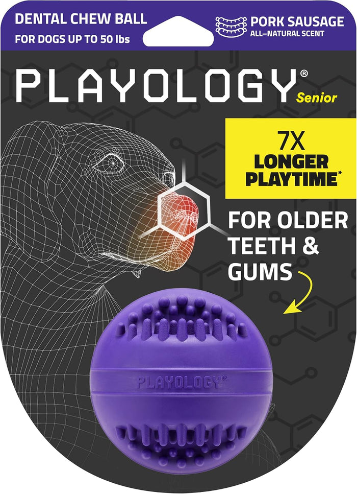 Playology Dental Chew Ball Toy for Senior Dogs Medium Pork Sausage 2-Pack