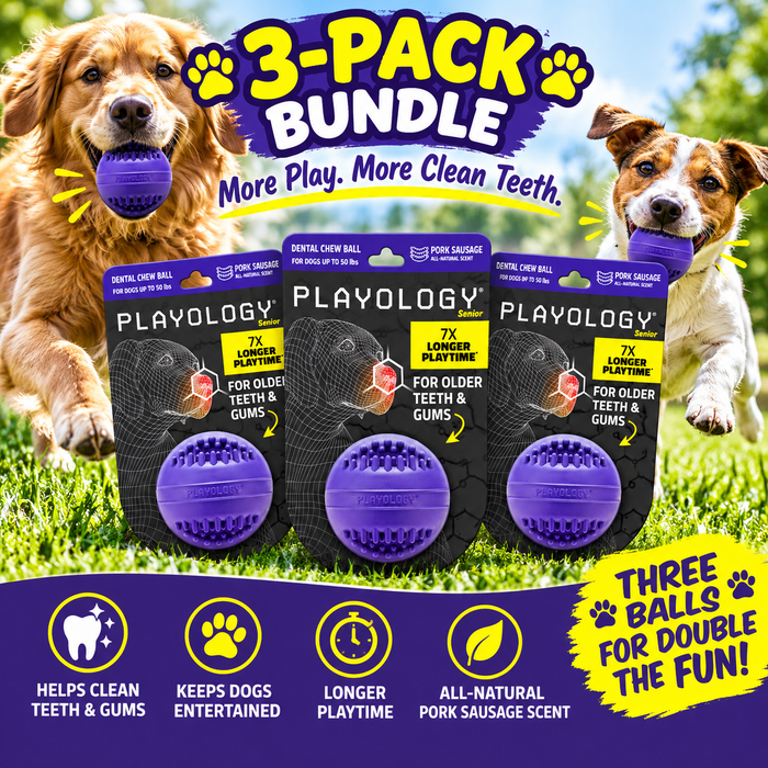 Playology Dental Chew Ball Toy for Senior Dogs Medium Pork Sausage 3-Pack