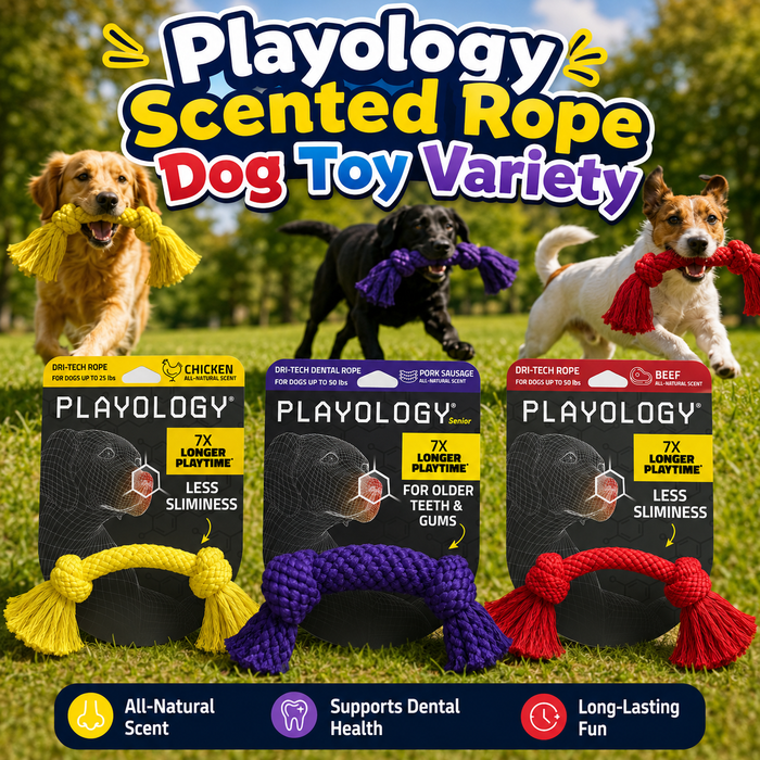 Playology Scented Rope Dog Toy Variety Pork Beef Chicken Interactive Fun 3-Pack