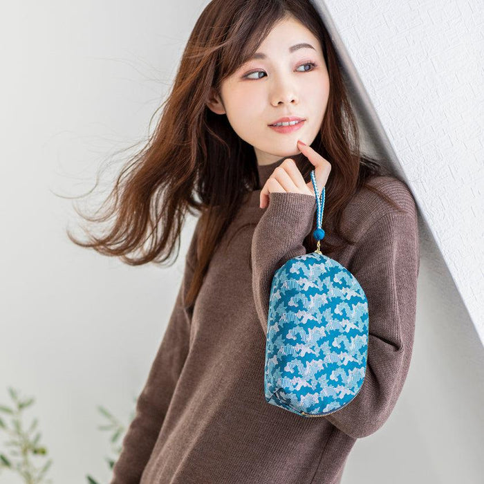 [POUCH] NISHIJIN SILK SHELL-SHAPED POUCH CAMOUFLAGE GLEN CHECK WITH KYO-KUMIHIMO (BLUE) | NISHIJIN TEXTILES | ATELIER KYOTO NISHIJIN