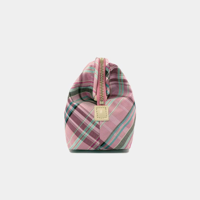 [POUCH] WATER-REPELLENT NISHIJIN SILK ZIPPER-CLASP ACCESSORY POUCH MULTI-CHECK (ROSE PINK) | NISHIJIN TEXTILES | ATELIER KYOTO NISHIJIN