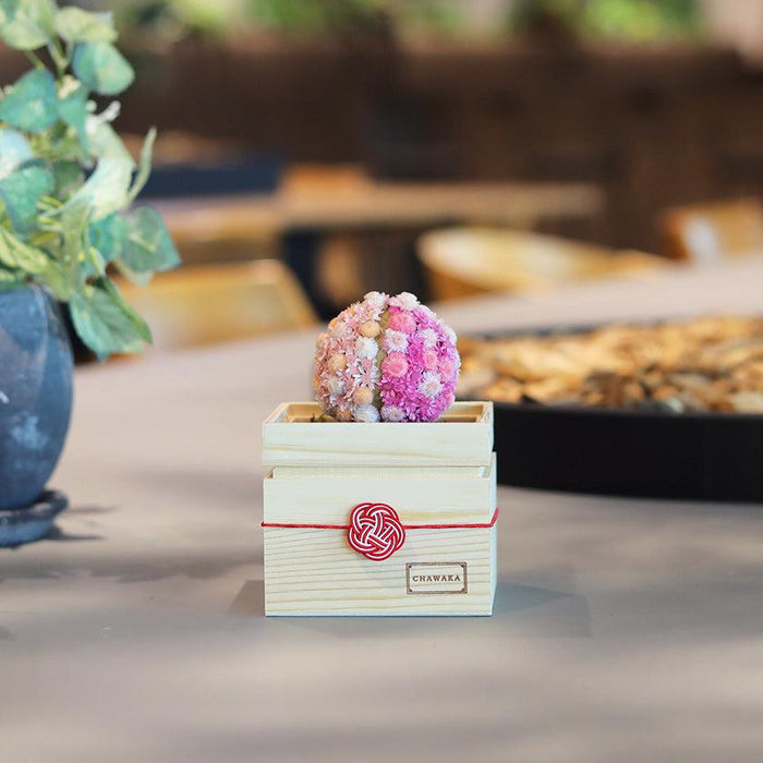 Preserved flower mari ball diffuser in a wooden box with mizuhiki knot | CHAWAKA, Kyoto Uji