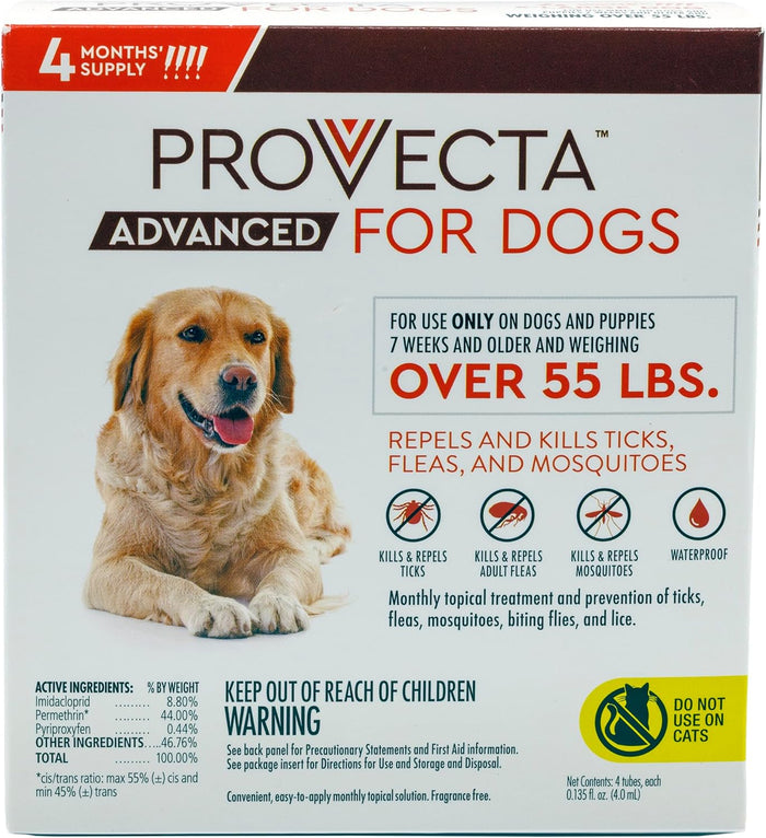 Provecta Advanced Flea Tick XL Dogs 55+ lbs 4-Month Topical Repels Mosquitoes