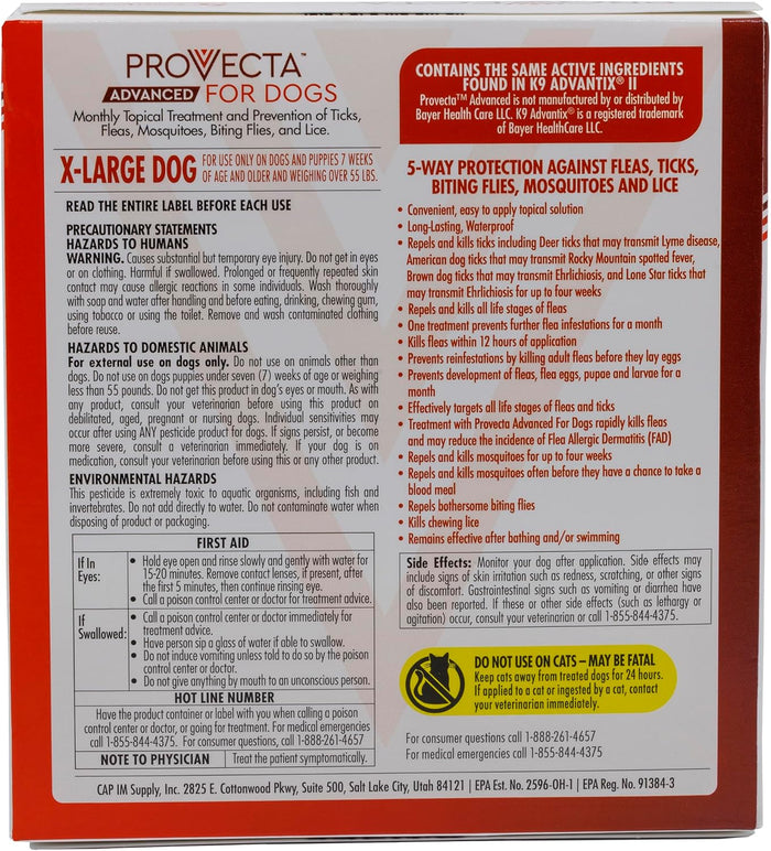 Provecta Advanced Flea Tick XL Dogs 55+ lbs 4-Month Topical Repels Mosquitoes