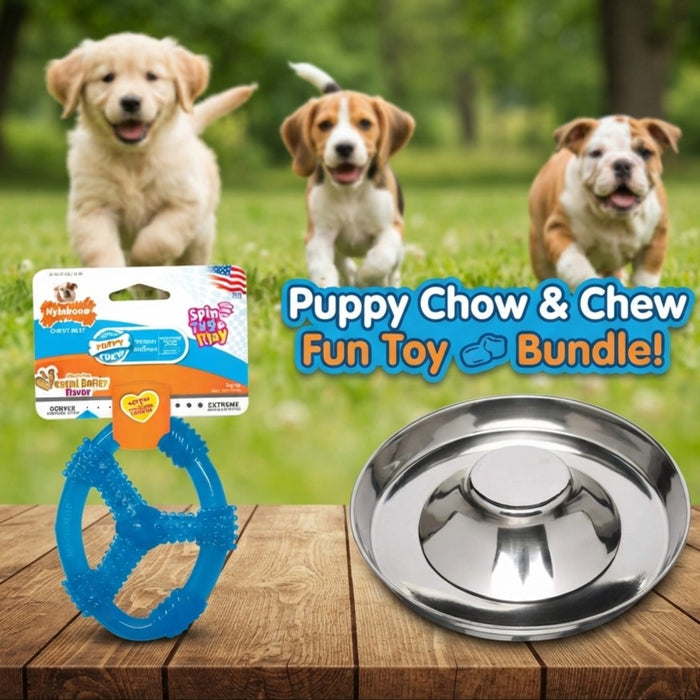 Puppy Chow & Chew Fun Pack – 11" Metal Saucer Feeder + Nylabone Peanut Butter Chew Ring
