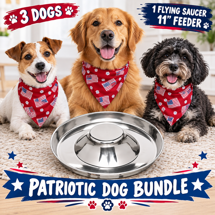 Puppy & Kitten Litter Feeding Bundle – 11" Metal Saucer + 3 Patriotic Bandanas