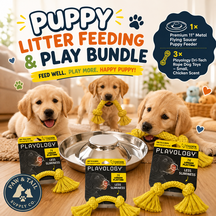 Puppy Litter Feeding & Play Bundle – 11" Flying Saucer Feeder + 3 Playology Rope Toys