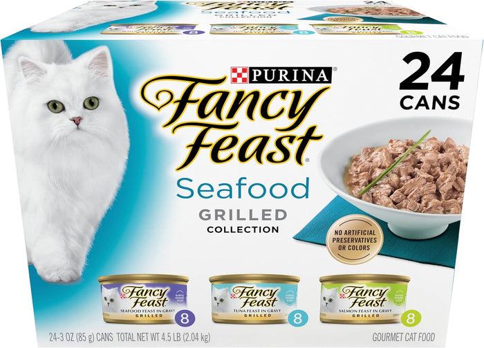 Purina Chicken Adult Raw Cat Fancy Feast Grilled Seafood Variety 3oz 24ct