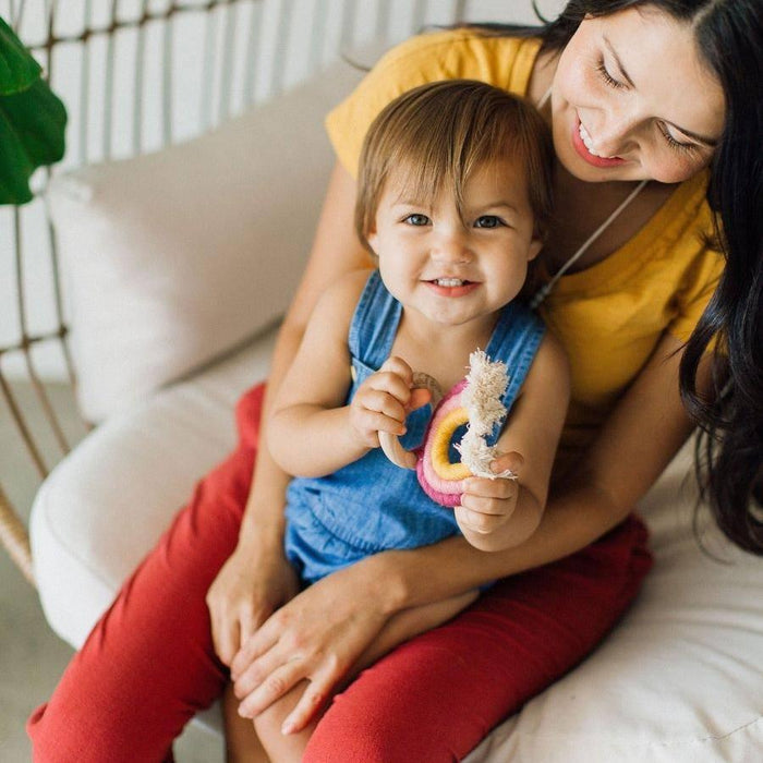 Rainbow Macrame Teether- Berry + Mustard.