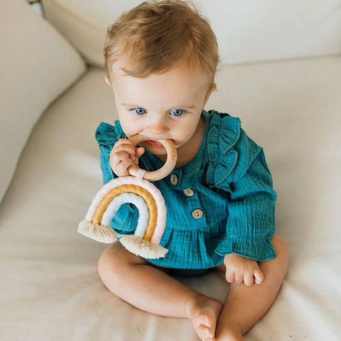Rainbow Macrame Teether- Light Pink & Light Blue.