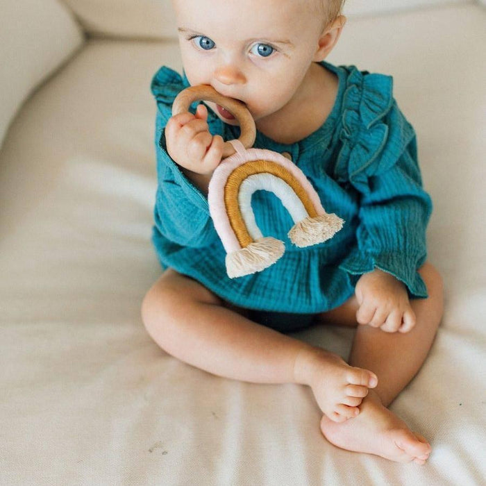 Rainbow Macrame Teether- Light Pink & Light Blue.