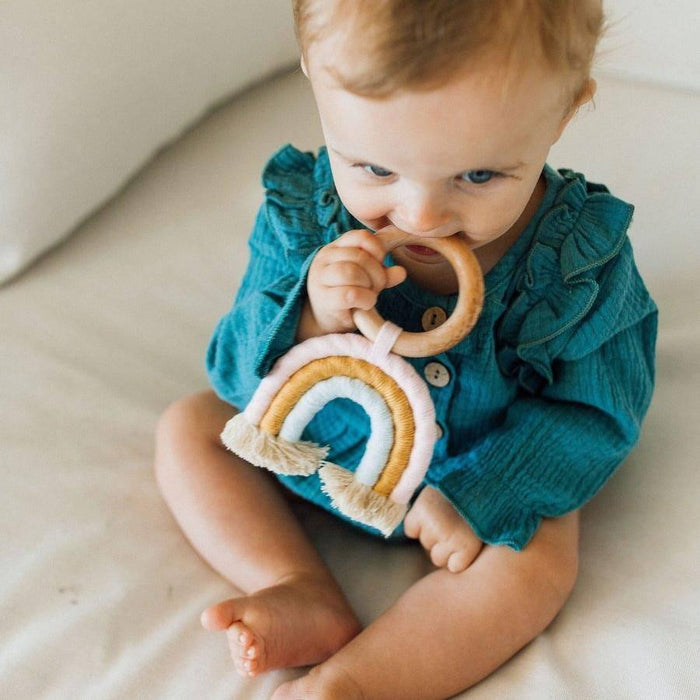 Rainbow Macrame Teether- Light Pink & Light Blue.
