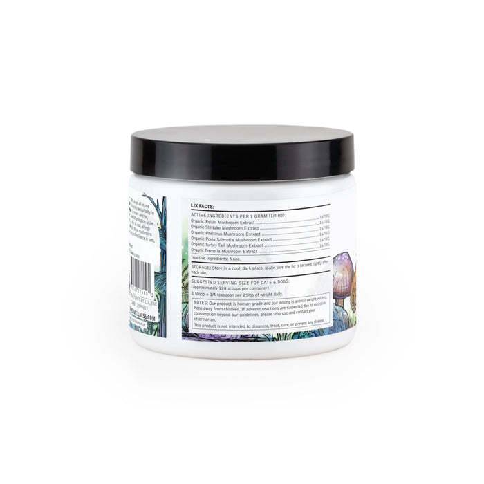 RESTORE six mushroom meal topper for dogs 4.23oz back of container from LIX Pet Wellness