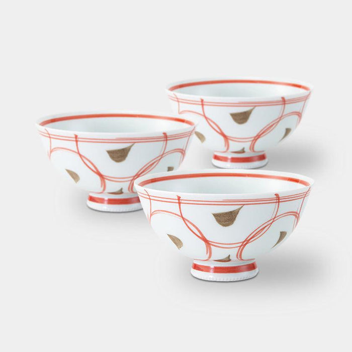 [RICE BOWL SETS] HAKETENMON SET OF 3 LIGHT (M) (RED) | HASAMI WARES| SAIKAI TOKI