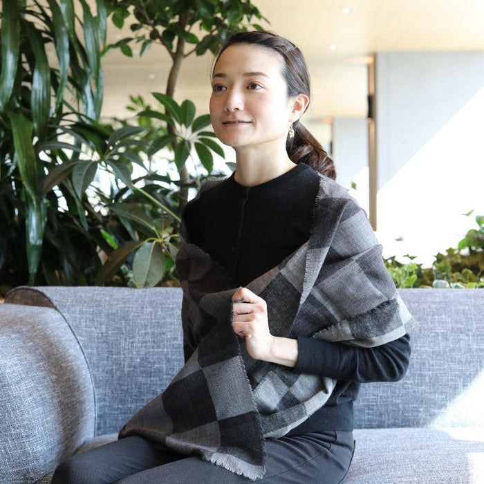 [SCARF]  CHECKERED (BLACK GRAY) | KYO YUZEN DYEING | NOGIGUCHI KIHEI