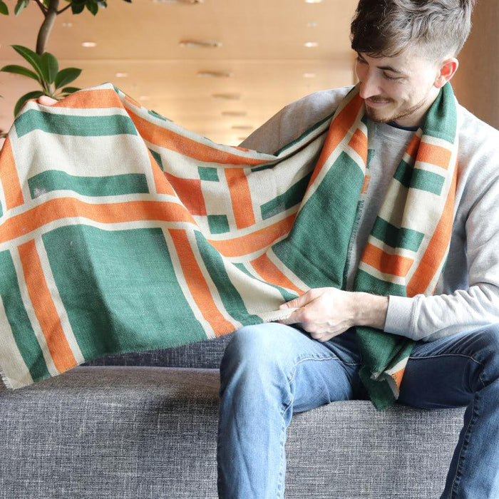 [SCARF]  LARGE LATTICE (GREEN-ORANGE) | KYO YUZEN DYEING | NOGIGUCHI KIHEI