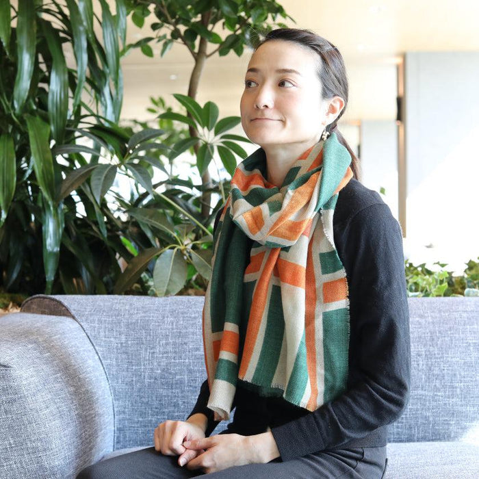 [SCARF]  LARGE LATTICE (GREEN-ORANGE) | KYO YUZEN DYEING | NOGIGUCHI KIHEI