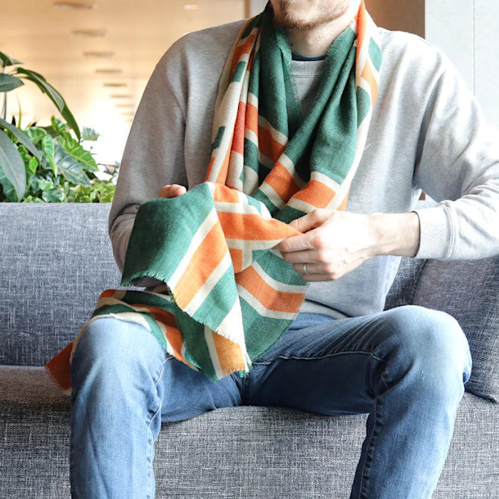 [SCARF]  LARGE LATTICE (GREEN-ORANGE) | KYO YUZEN DYEING | NOGIGUCHI KIHEI