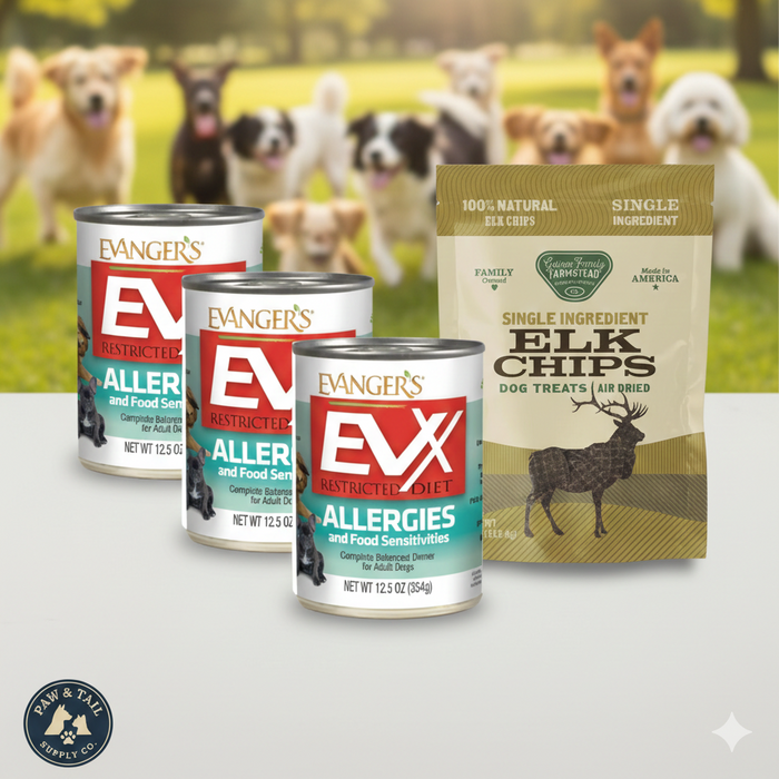 Sensitive Support Bundle 3× EVX Restricted Diet 12.5 oz + Elk Chips Treats Poultry-Free