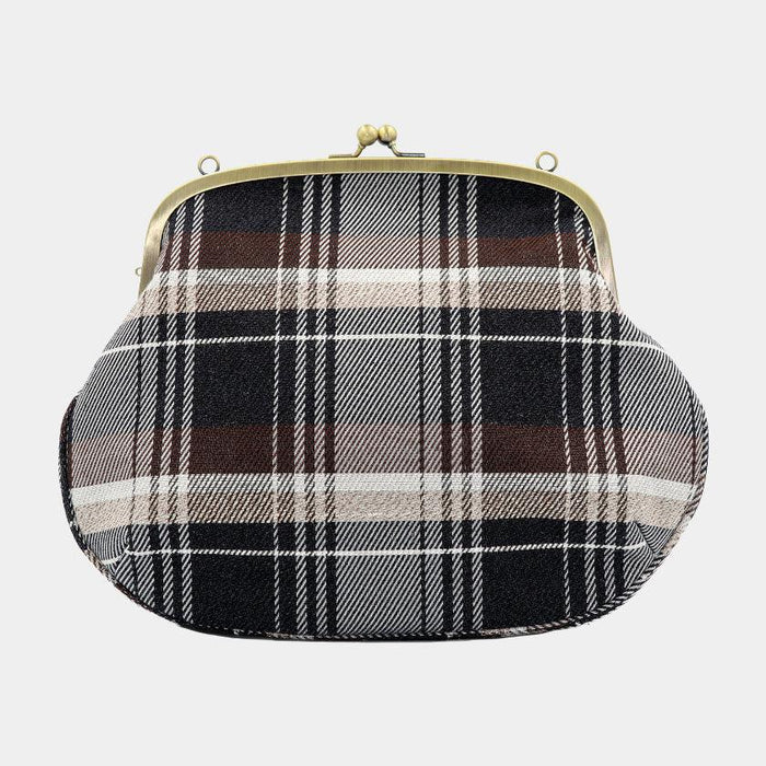 [SHOULDER BAG] WATER-REPELLENT NISHIJIN SILK CLASP GAMA-GUCHI WITH TARTAN CHECK (CHARCOAL BLACK) | NISHIJIN TEXTILES | ATELIER KYOTO NISHIJIN
