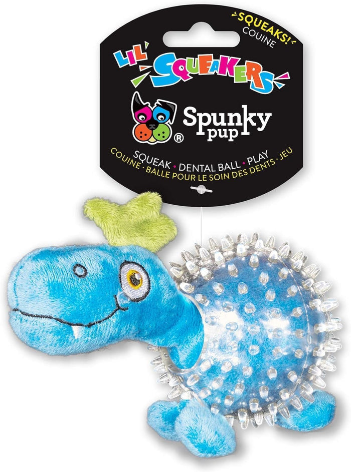 Spunky Pup Lil Dinosaur Spikey Ball Dog Toy Squeaky Plush for Small Dogs 2-Pack