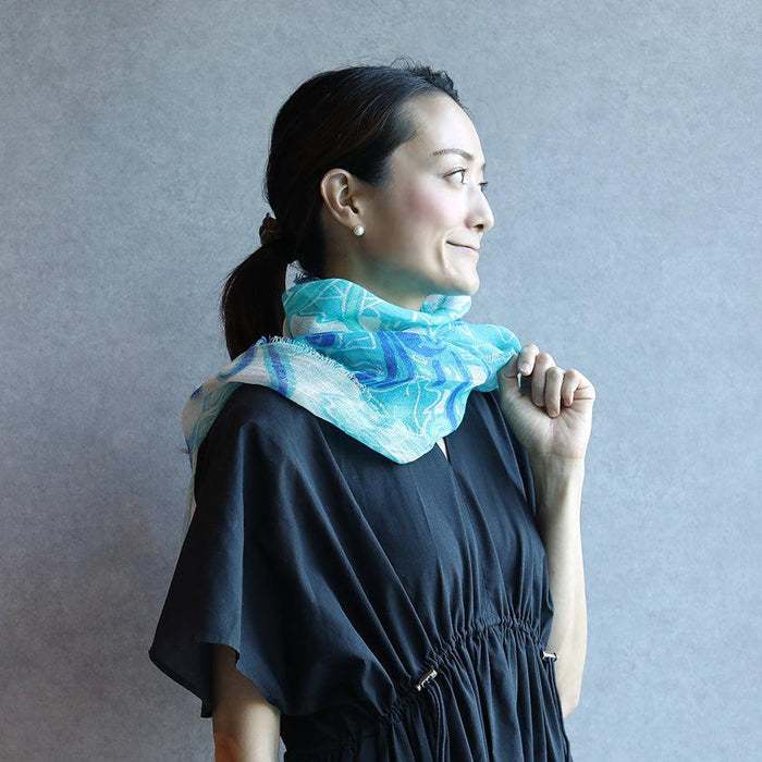 [STOLE] LINEN 160 X 35 SEGGY CHRYSANTHEMUM (BLUE) | KYO YUZEN DYEING | NOGIGUCHI KIHEI