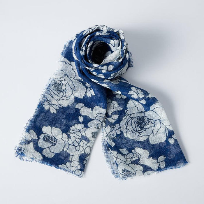 [STOLE] LINEN 190 X 52 YUZEN FLOWER (WHITE) | KYO YUZEN DYEING | NOGIGUCHI KIHEI
