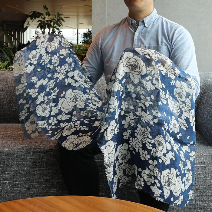 [STOLE] LINEN 190 X 52 YUZEN FLOWER (WHITE) | KYO YUZEN DYEING | NOGIGUCHI KIHEI