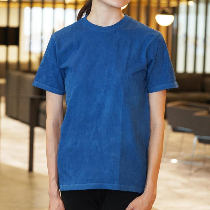 Natural indigo-dyed T-shirt in deep blue, worn by model | indigo dyeing, Kesennuma
