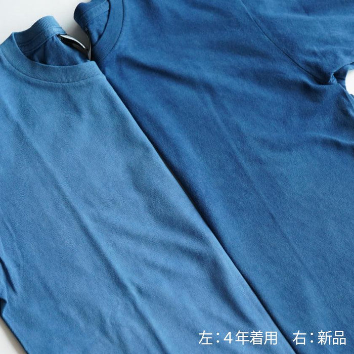 Indigo-dyed T-shirt comparison showing faded worn shirt beside new shirt | Indigo Kesennuma